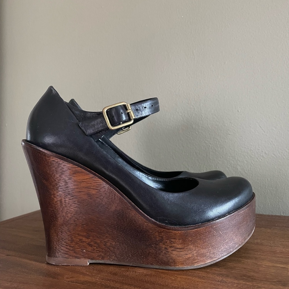 ALDO Maryjane black leather wood wedge platforms 6.5